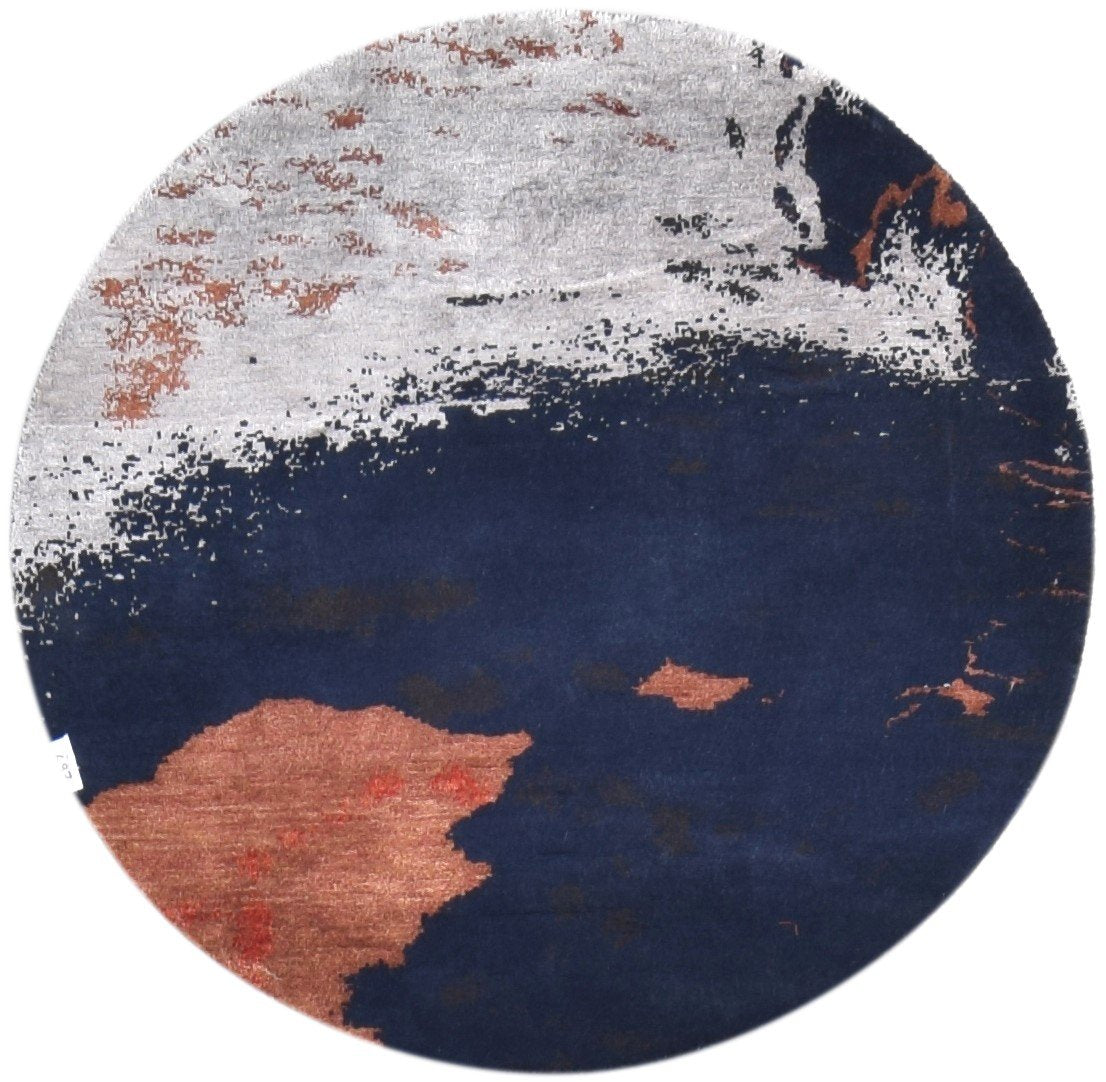 Wool / Silk Navy Blue Rug 3X3 Modern Hand Knotted American Abstract Room Size  Area Rug 