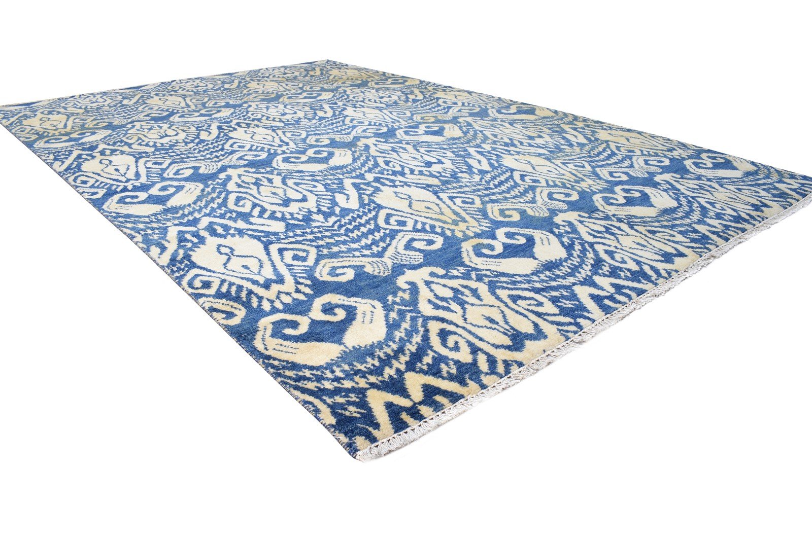 Wool Blue Rug 6' X 9' Transitional Hand Knotted European Ikat Room Size Carpet 