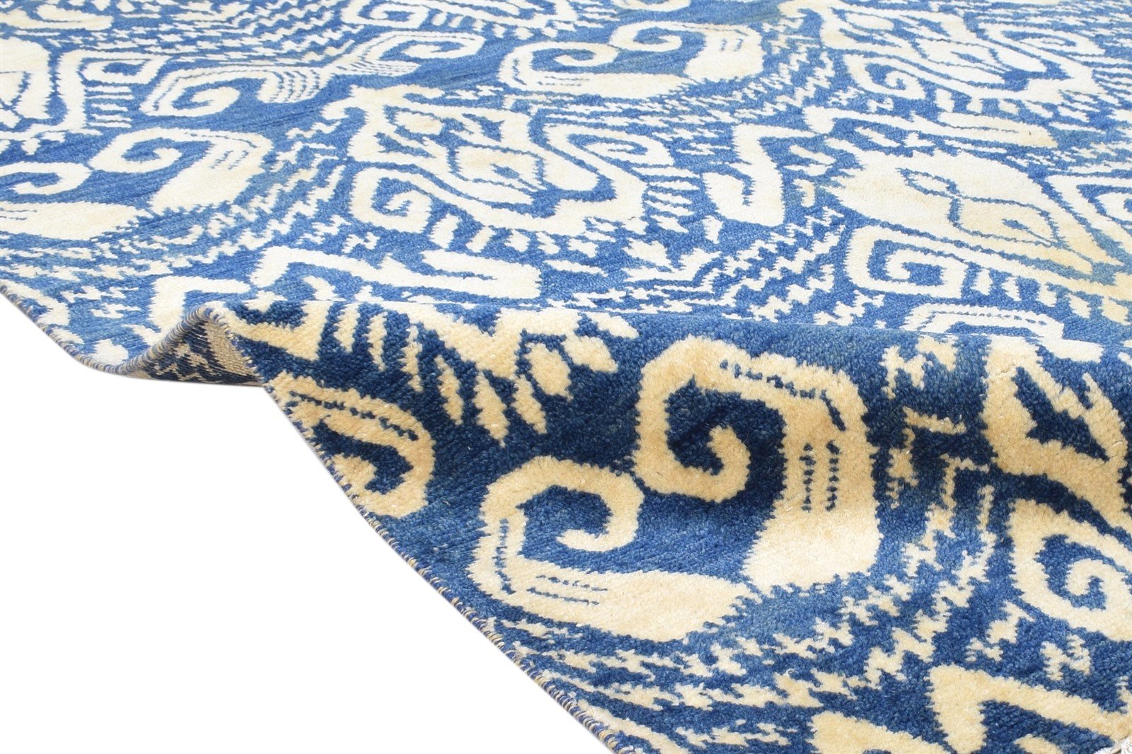 Wool Blue Rug 6' X 9' Transitional Hand Knotted European Ikat Room Size Carpet 