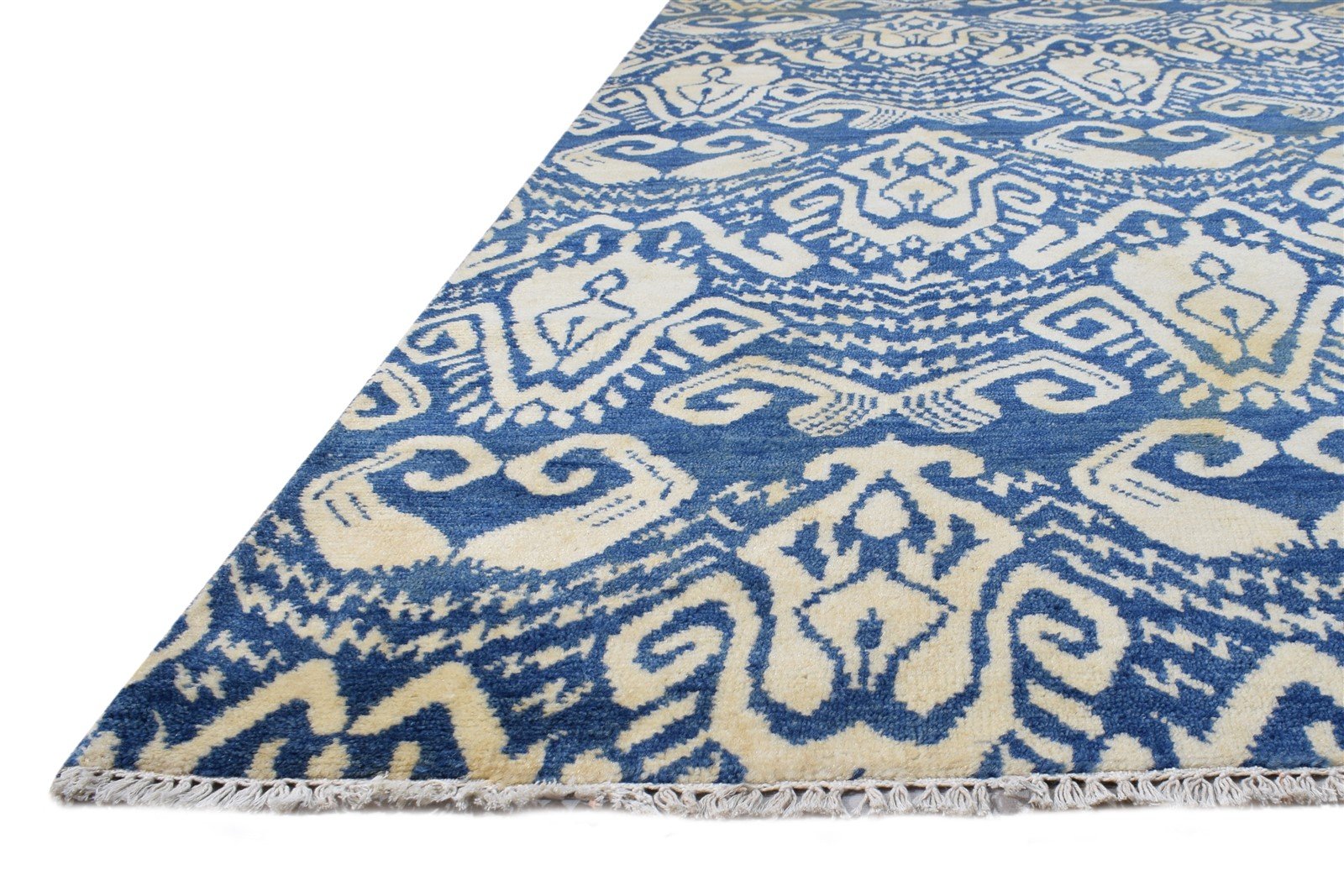 Wool Blue Rug 6' X 9' Transitional Hand Knotted European Ikat Room Size Carpet 