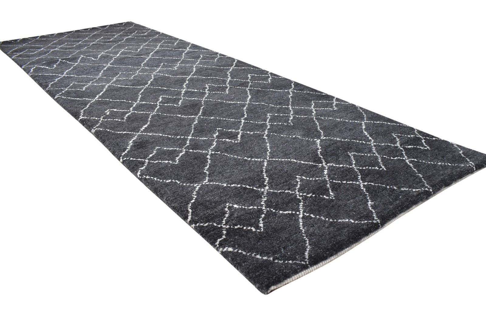 Hand Knotted Black Wool Rug 3' X 8' Shag Moroccan Abstract Small Runner 