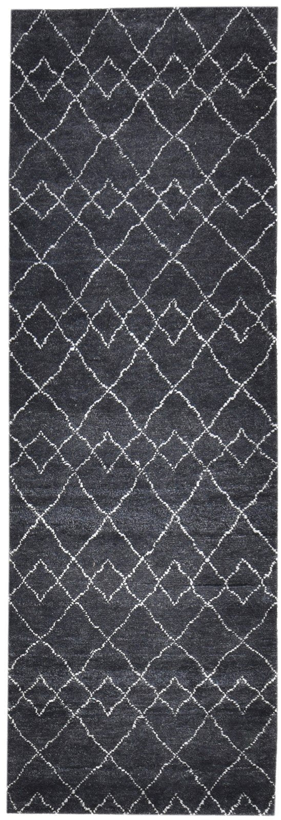 Hand Knotted Black Wool Rug 3' X 8' Shag Moroccan Abstract Small Runner 