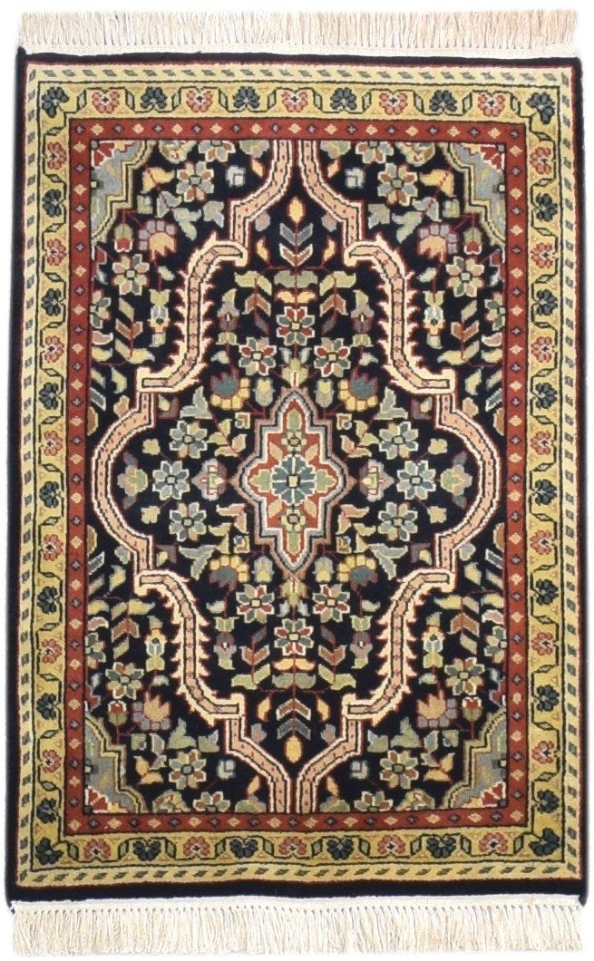 Wool Black Rug 2' X 3' Persian Hand Knotted Kashan Medallion Small Carpet 