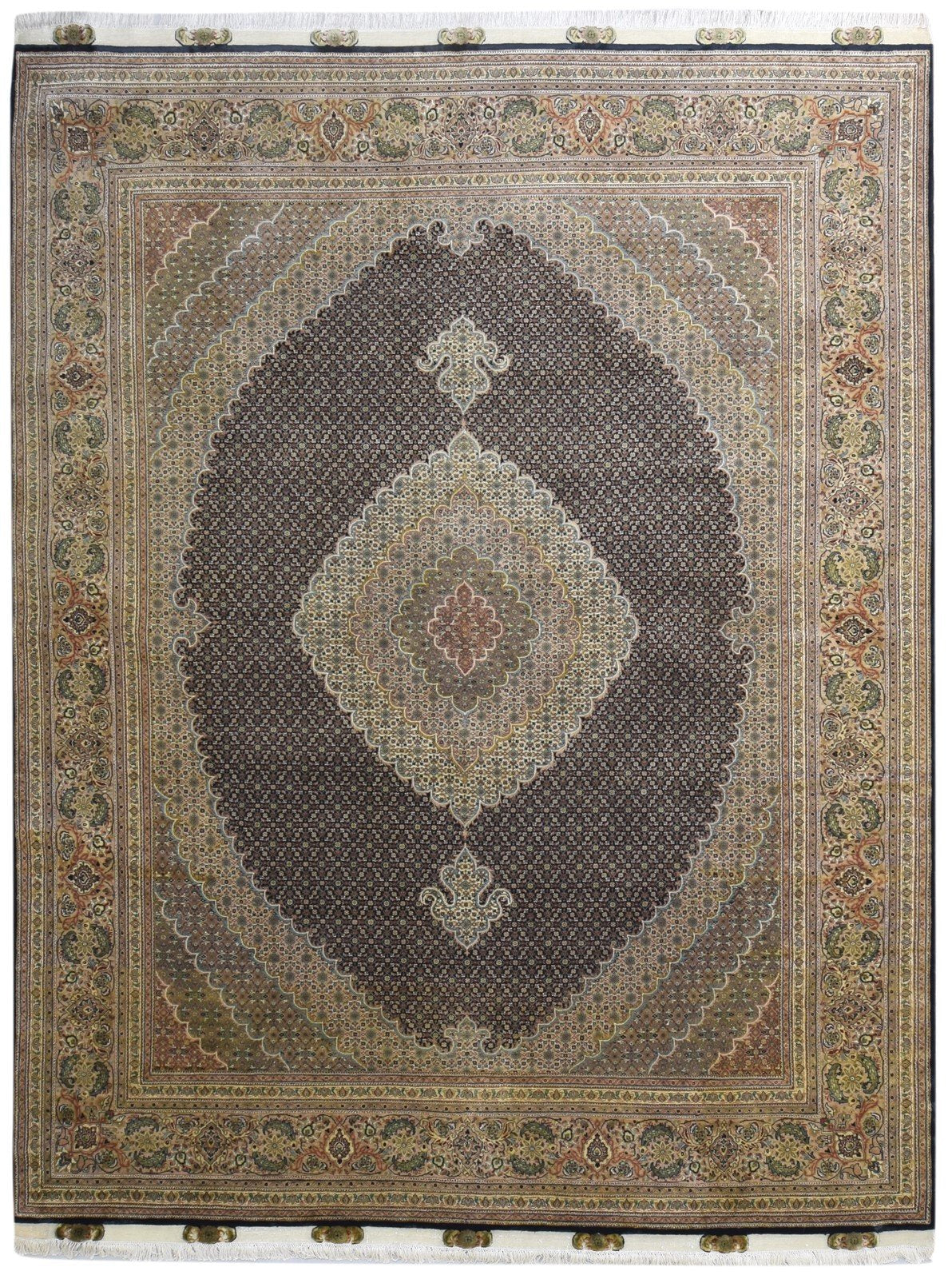 Hand Knotted Black Wool Rug 8' X 7' Persian Tabriz Medallion Large Carpet 