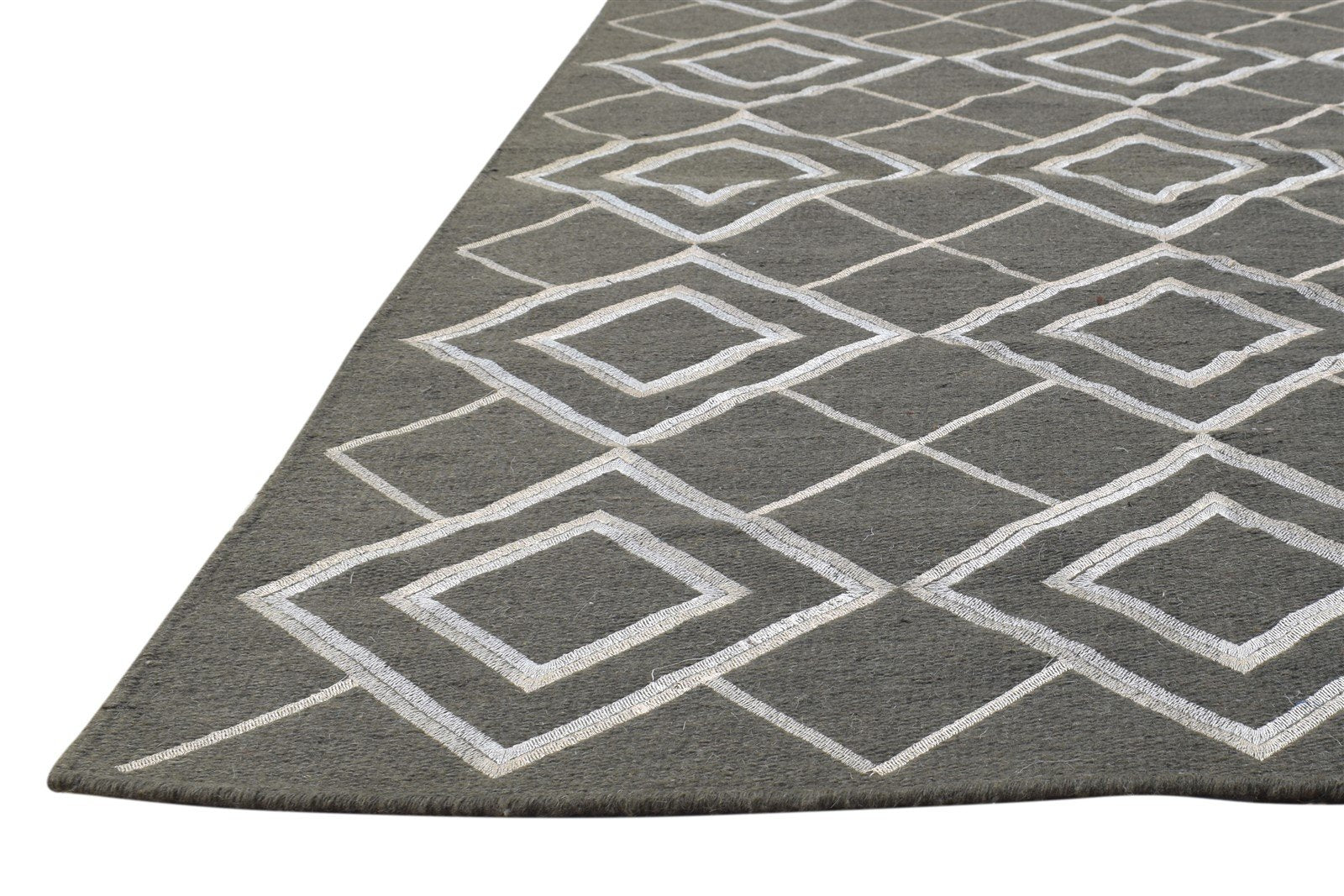 Dhurrie Charcoal Wool Rug 3' X 5' Modern Moroccan Diamond Room Size Carpet 