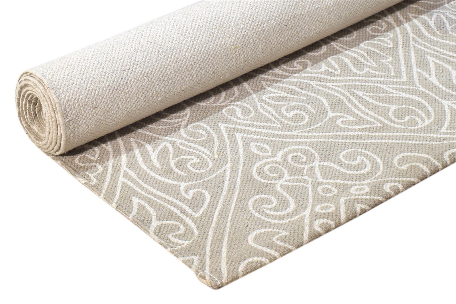 Beige Wool Rug 2' X 7' Transitional Dhurrie European Damask Small Runner 