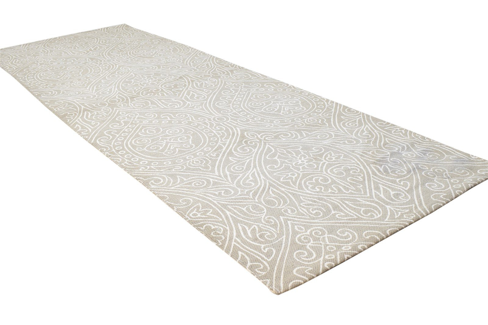 Beige Wool Rug 2' X 7' Transitional Dhurrie European Damask Small Runner 