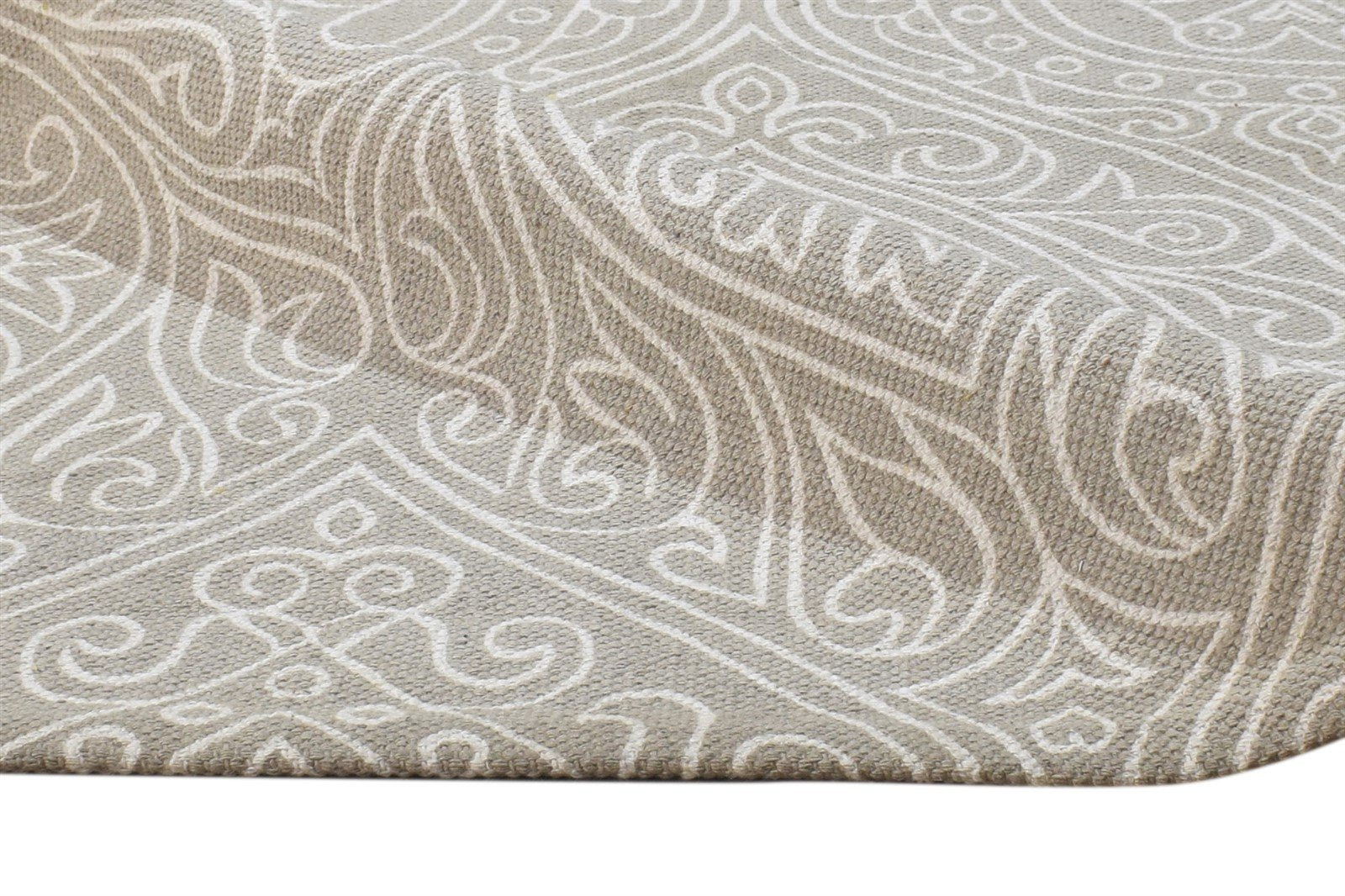 Beige Wool Rug 2' X 7' Transitional Dhurrie European Damask Small Runner 