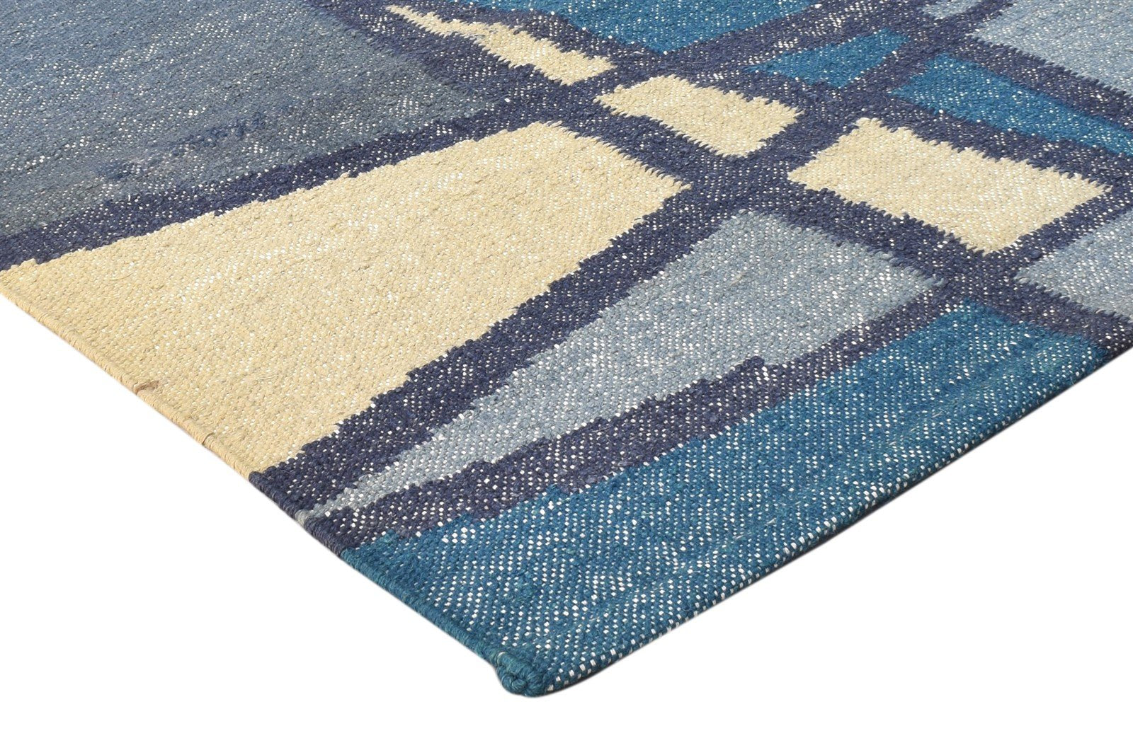 Wool Blue Rug 3' X 7' Modern Dhurrie American Abstract Small Runner 