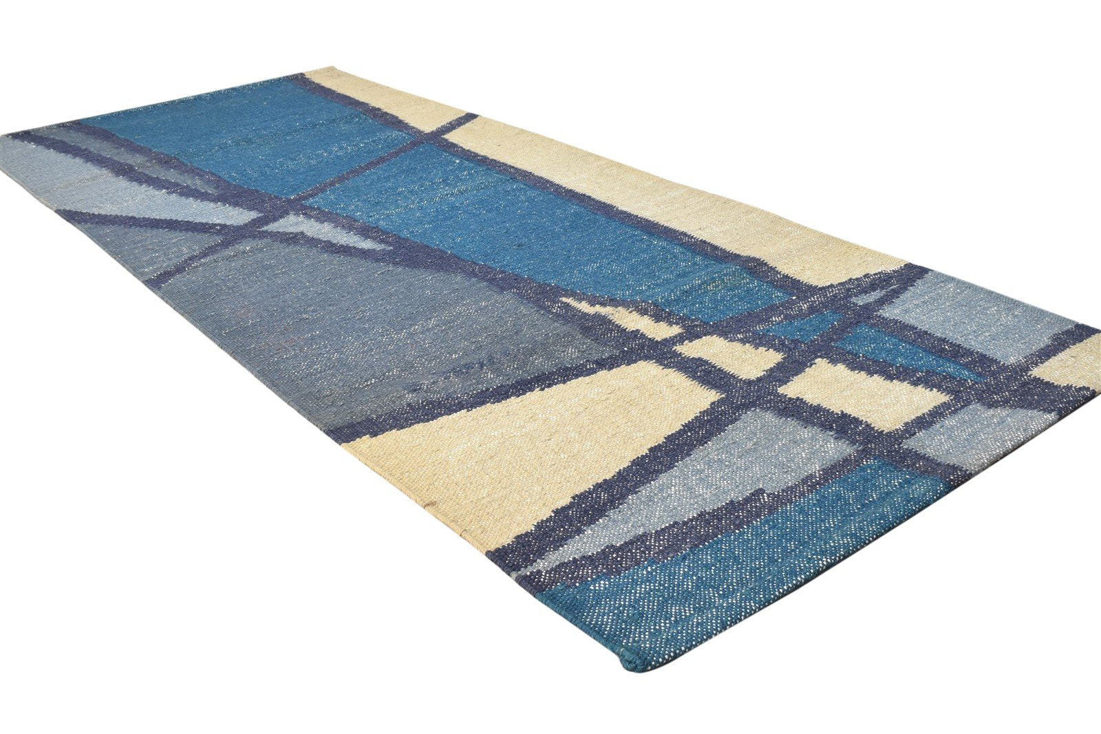 Wool Blue Rug 3' X 7' Modern Dhurrie American Abstract Small Runner 