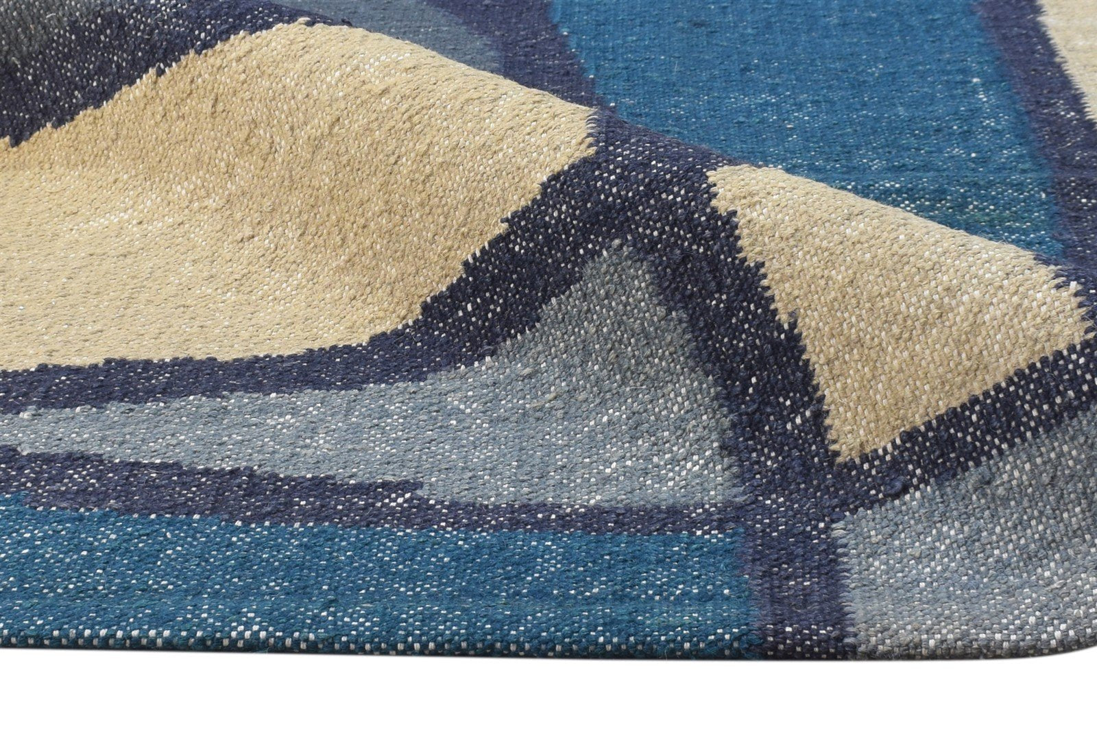 Wool Blue Rug 3' X 7' Modern Dhurrie American Abstract Small Runner 