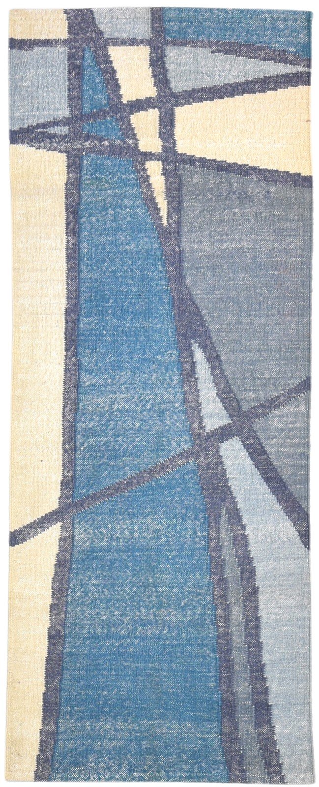 Wool Blue Rug 3' X 7' Modern Dhurrie American Abstract Small Runner 