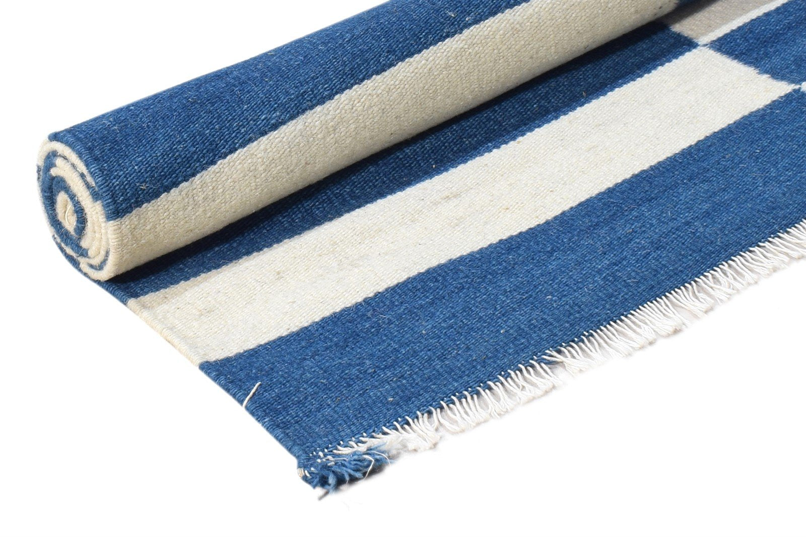 Wool Blue Rug 3' X 5' Transitional Dhurrie European Striped Small Carpet 