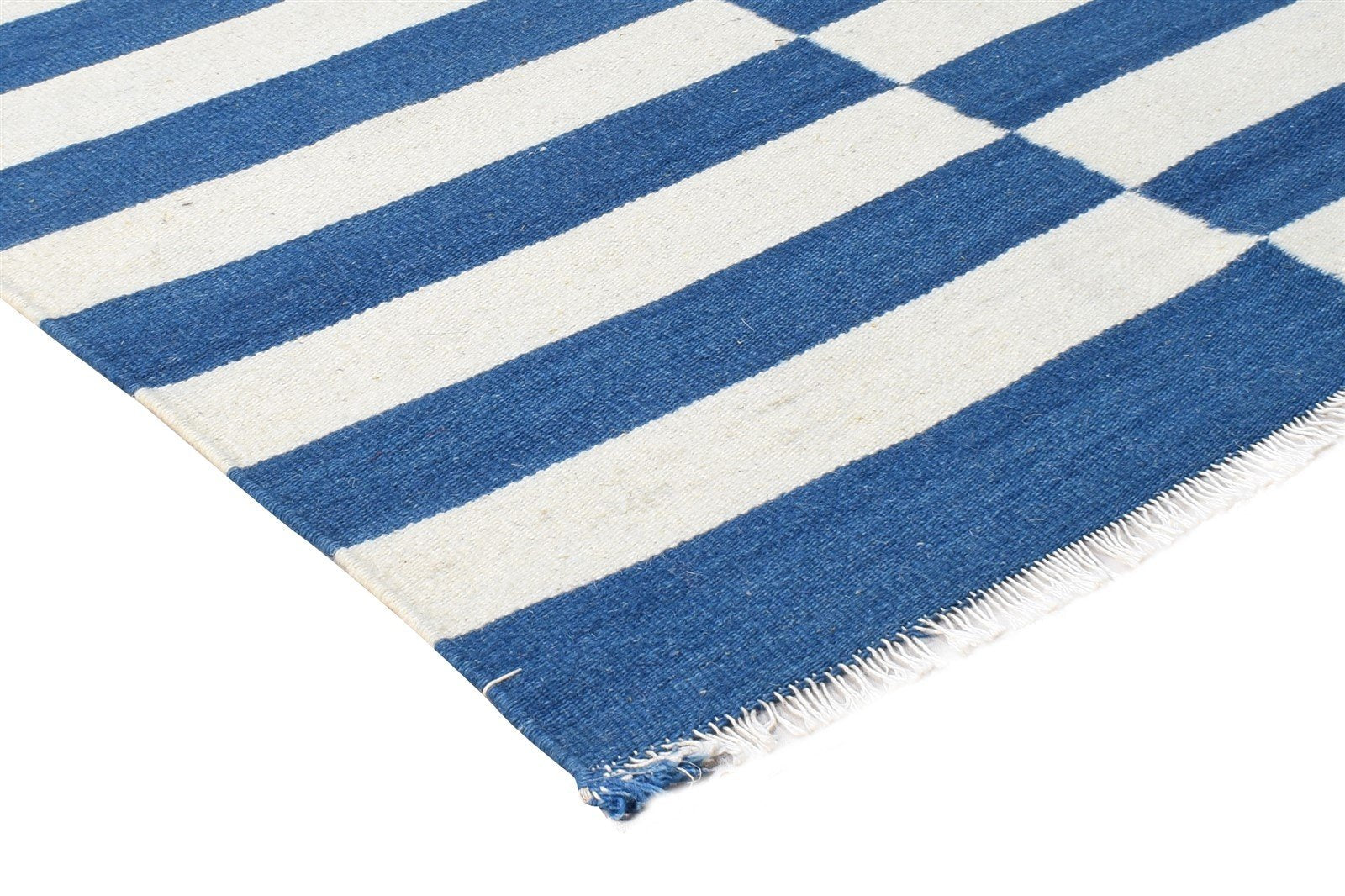 Wool Blue Rug 3' X 5' Transitional Dhurrie European Striped Small Carpet 