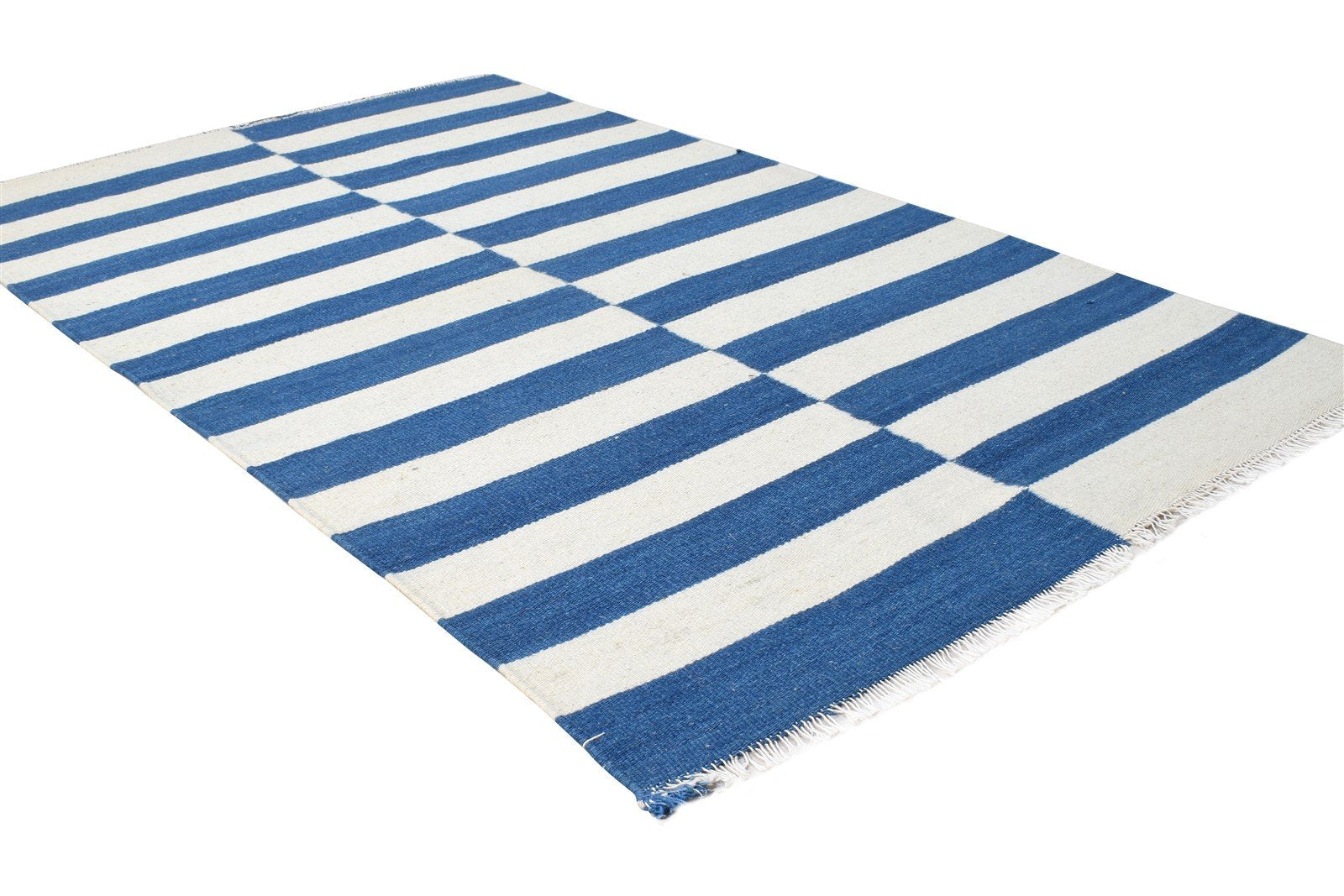 Wool Blue Rug 3' X 5' Transitional Dhurrie European Striped Small Carpet 