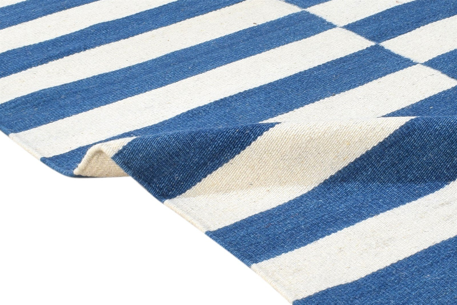 Wool Blue Rug 3' X 5' Transitional Dhurrie European Striped Small Carpet 