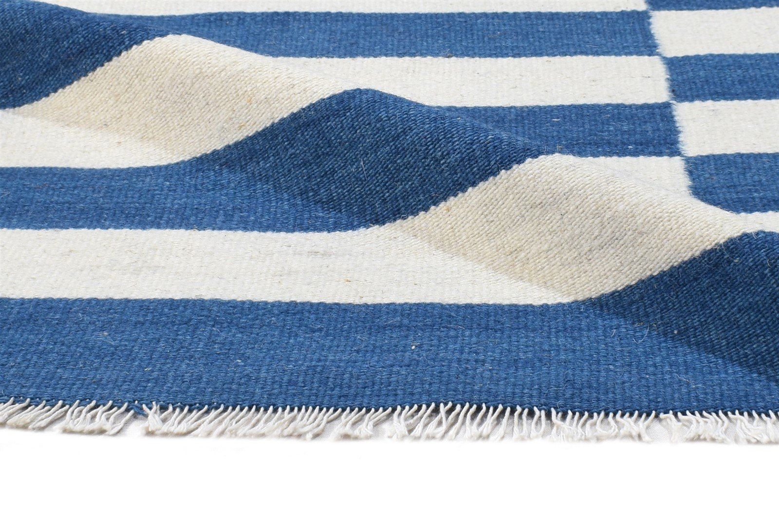 Wool Blue Rug 3' X 5' Transitional Dhurrie European Striped Small Carpet 