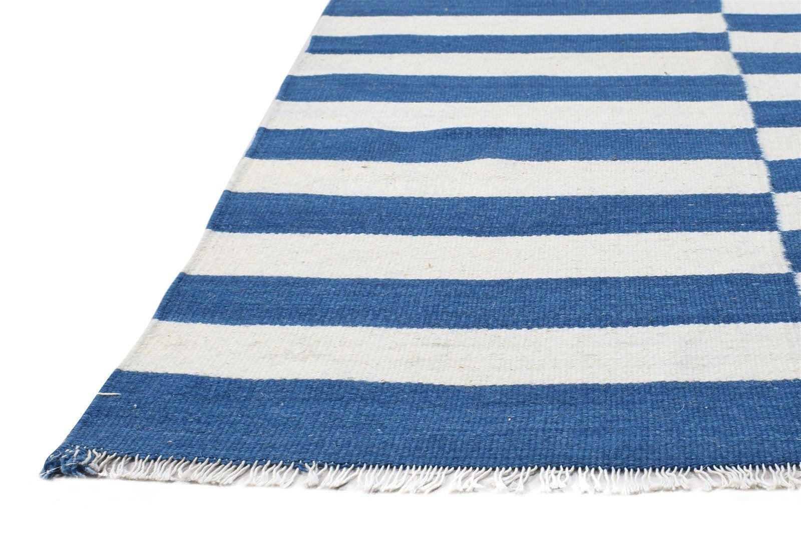 Wool Blue Rug 3' X 5' Transitional Dhurrie European Striped Small Carpet 