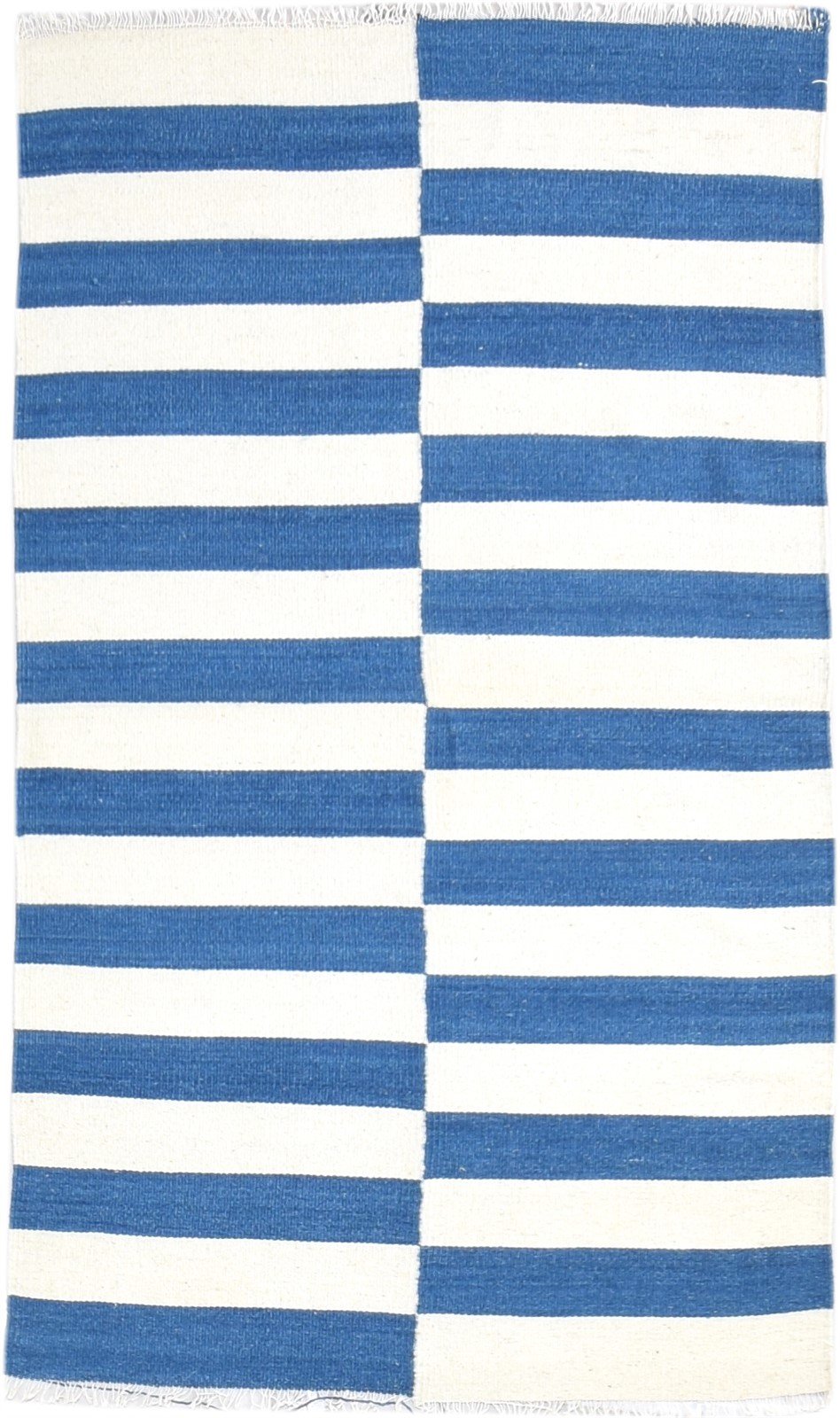 Wool Blue Rug 3' X 5' Transitional Dhurrie European Striped Small Carpet 