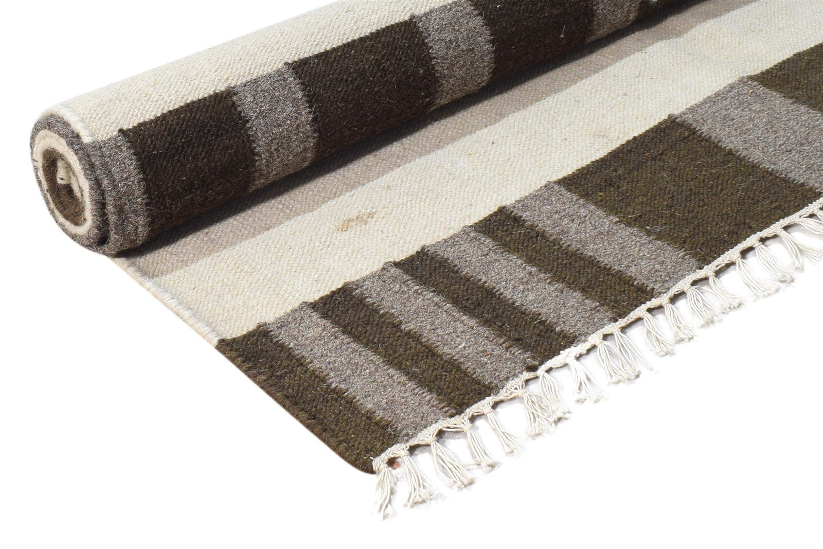 Brown Wool Rug 4' X 5' Modern Dhurrie Scandinavian Striped Room Size Carpet 