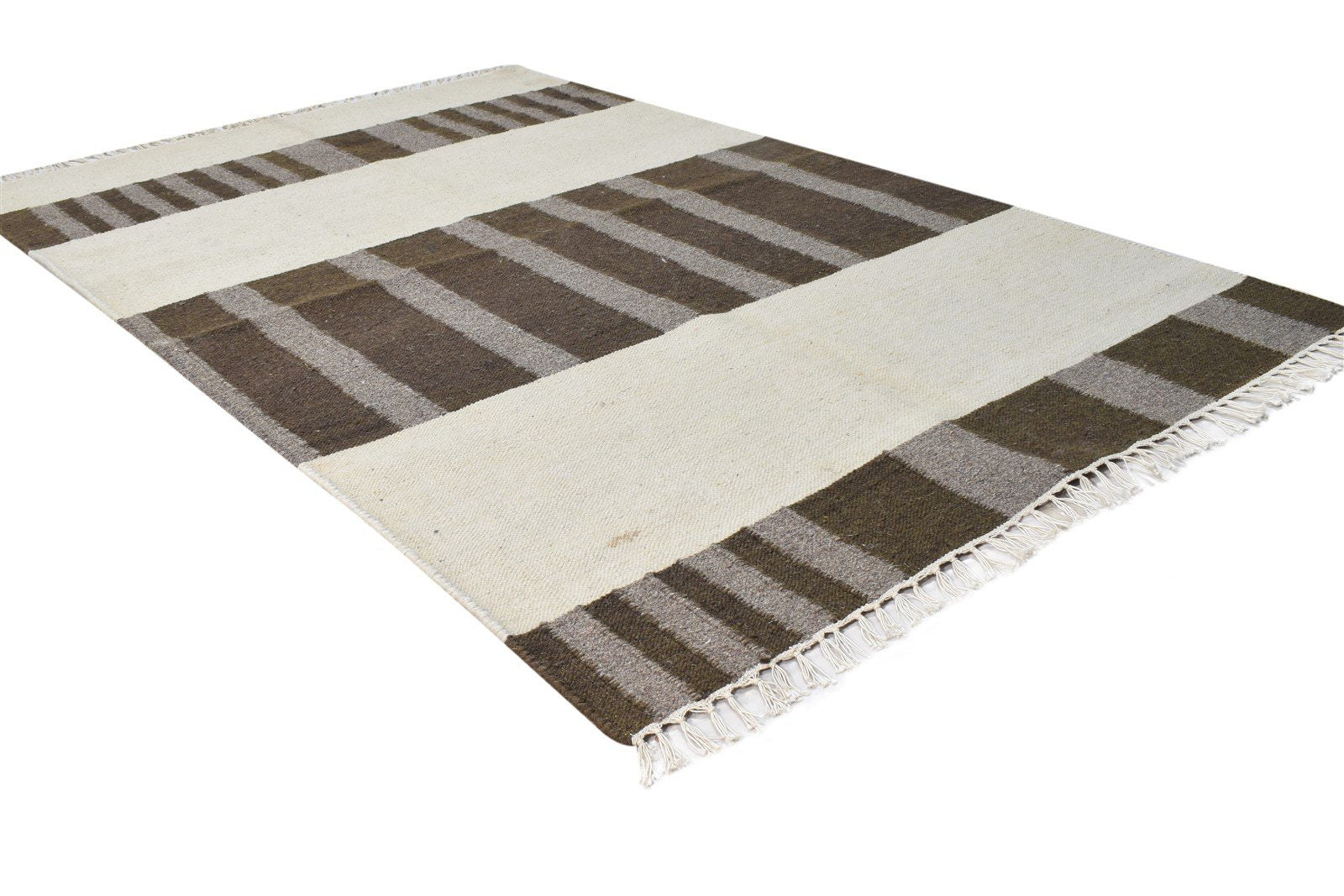 Brown Wool Rug 4' X 5' Modern Dhurrie Scandinavian Striped Room Size Carpet 