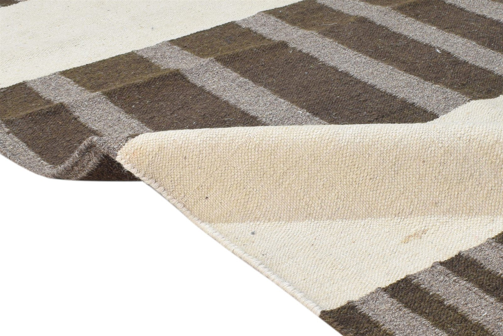 Brown Wool Rug 4' X 5' Modern Dhurrie Scandinavian Striped Room Size Carpet 