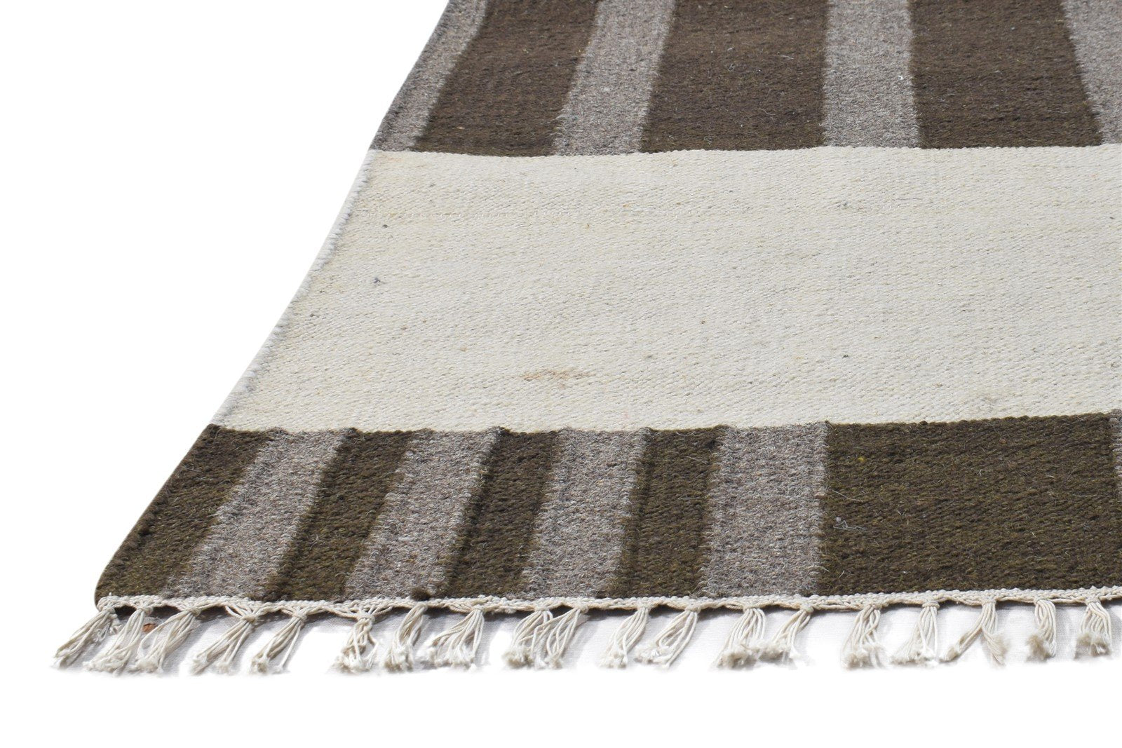 Brown Wool Rug 4' X 5' Modern Dhurrie Scandinavian Striped Room Size Carpet 