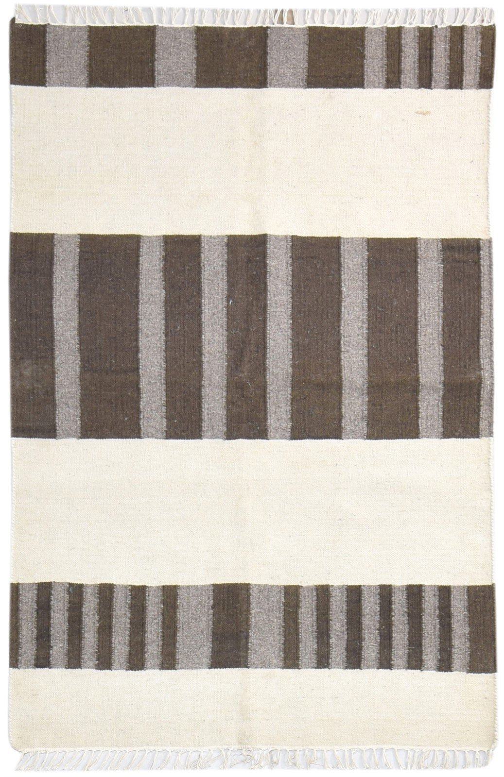 Brown Wool Rug 4' X 5' Modern Dhurrie Scandinavian Striped Room Size Carpet 