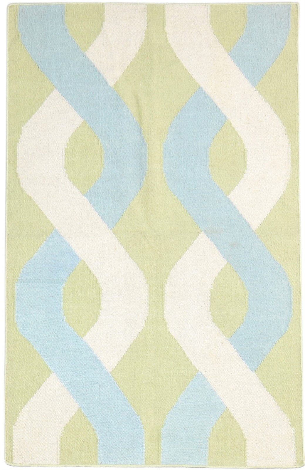 Green Wool Rug 4' X 6' Modern Dhurrie Scandinavian Abstract Room Size Carpet 