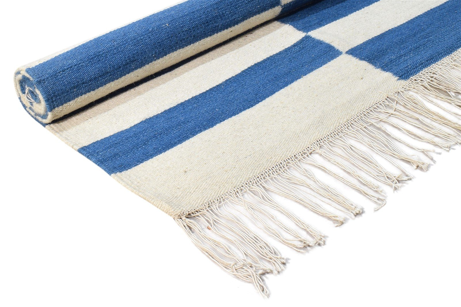 Wool Blue Rug 3' X 5' Modern Dhurrie Scandinavian Striped Small Carpet 