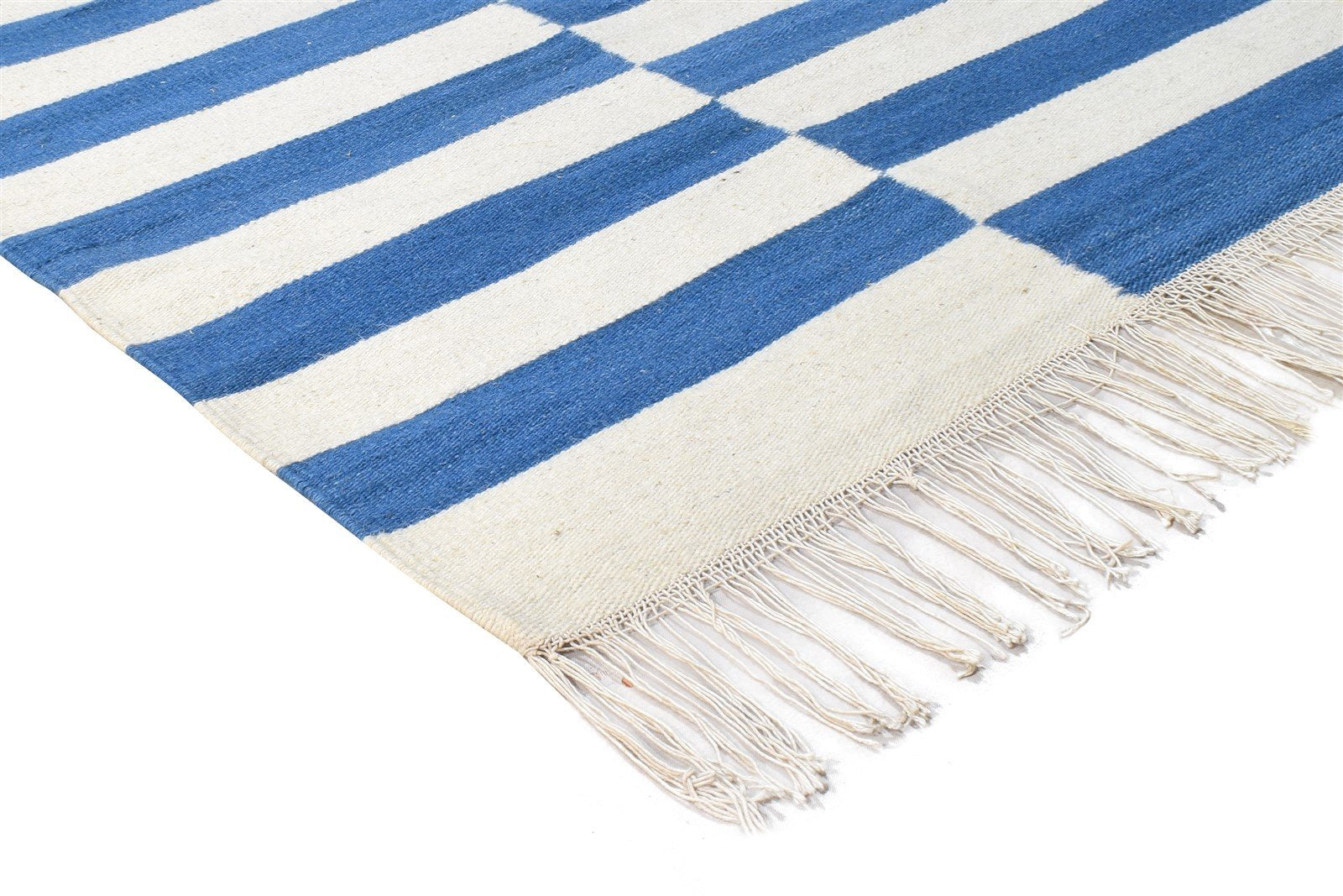 Wool Blue Rug 3' X 5' Modern Dhurrie Scandinavian Striped Small Carpet 