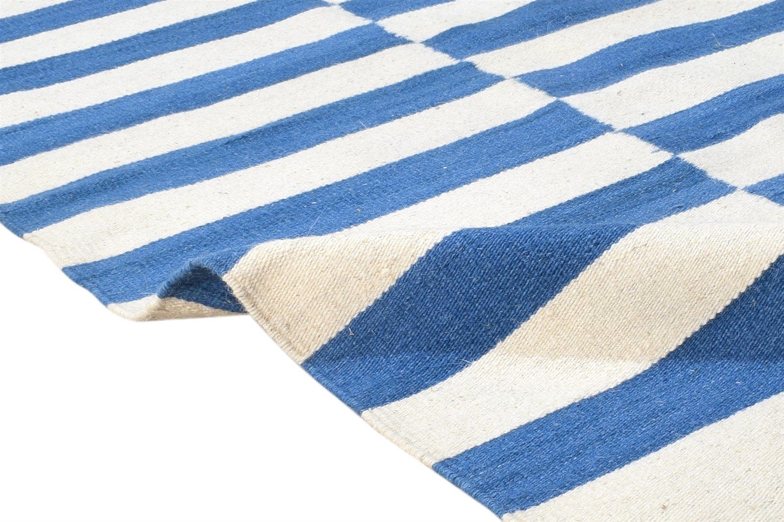 Wool Blue Rug 3' X 5' Modern Dhurrie Scandinavian Striped Small Carpet 