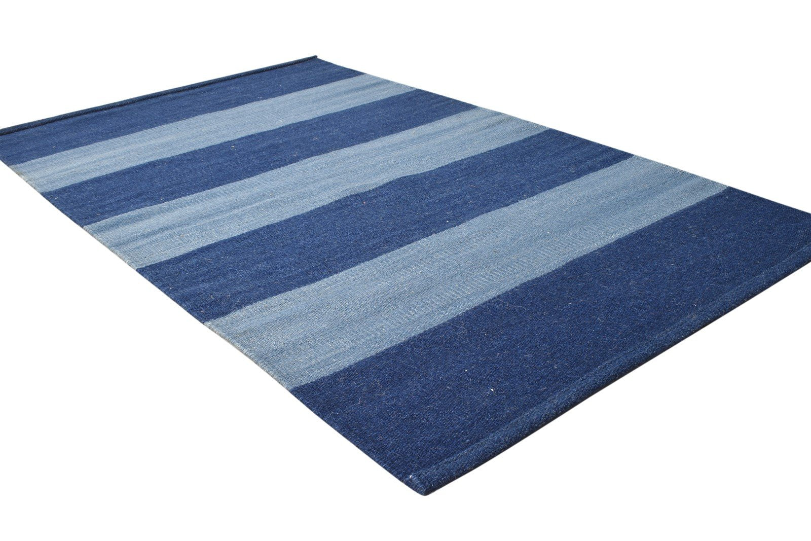 Blue Wool Rug 3' X 5' Modern Dhurrie Scandinavian Striped Room Size Carpet 