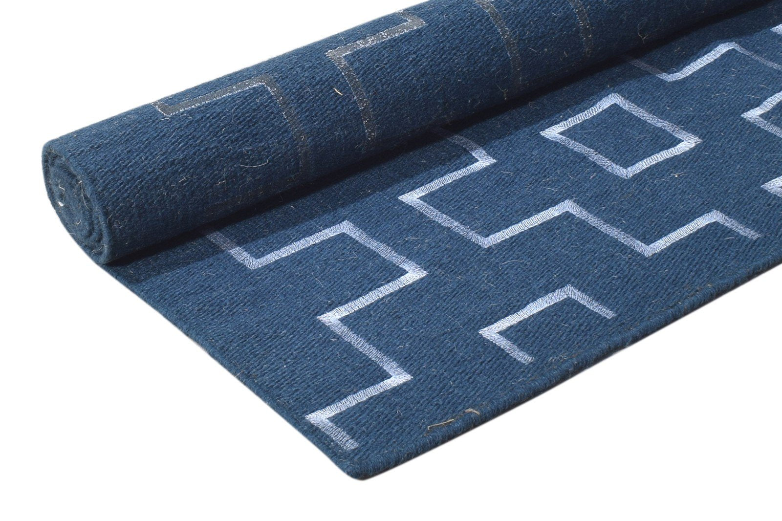 Wool Blue Rug 3' X 5' Modern Dhurrie Scandinavian Geometric Room Size Carpet 