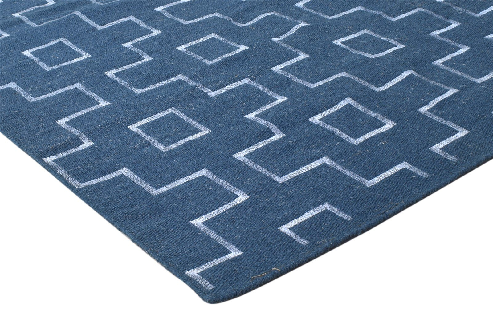 Wool Blue Rug 3' X 5' Modern Dhurrie Scandinavian Geometric Room Size Carpet 