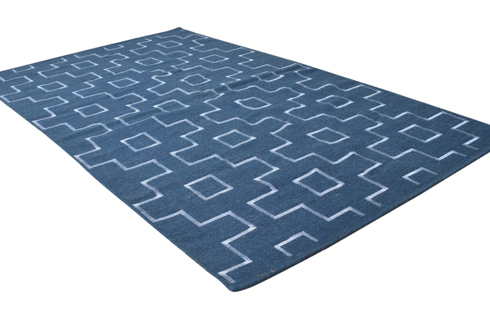 Wool Blue Rug 3' X 5' Modern Dhurrie Scandinavian Geometric Room Size Carpet 