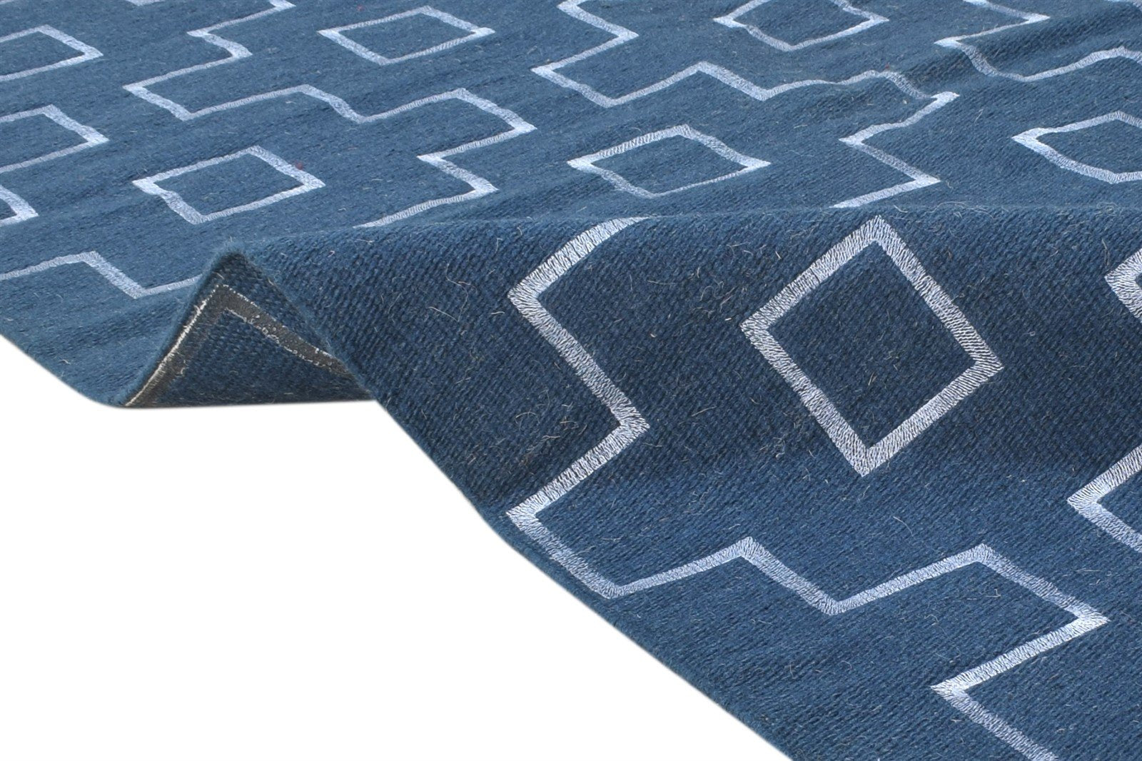 Wool Blue Rug 3' X 5' Modern Dhurrie Scandinavian Geometric Room Size Carpet 