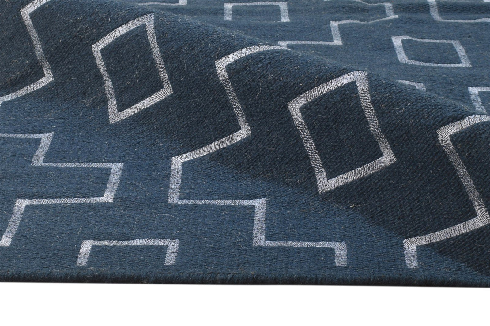 Wool Blue Rug 3' X 5' Modern Dhurrie Scandinavian Geometric Room Size Carpet 