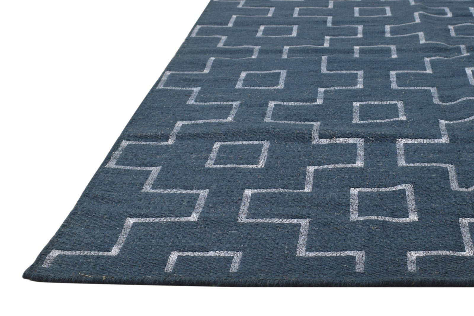 Wool Blue Rug 3' X 5' Modern Dhurrie Scandinavian Geometric Room Size Carpet 