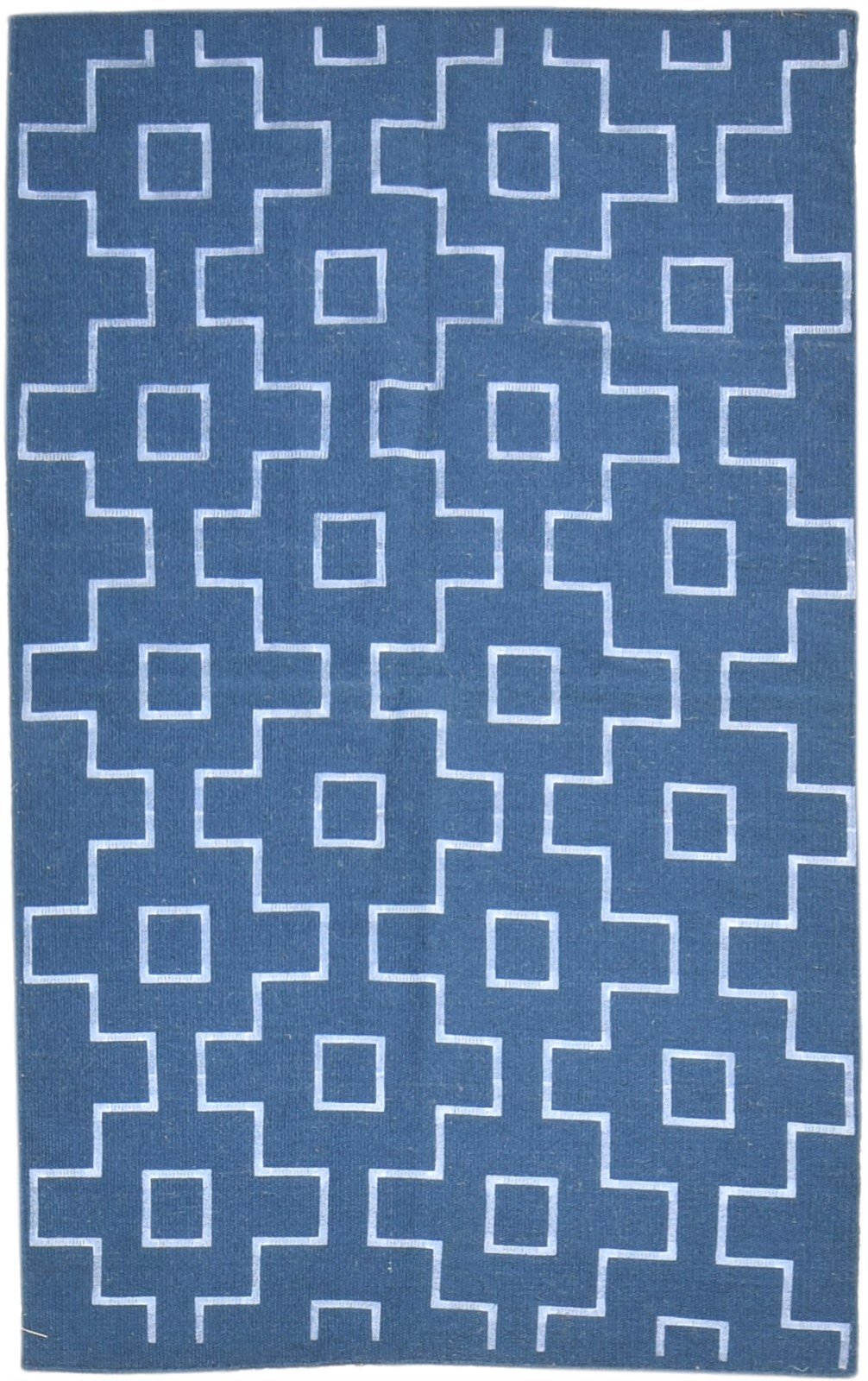 Wool Blue Rug 3' X 5' Modern Dhurrie Scandinavian Geometric Room Size Carpet 