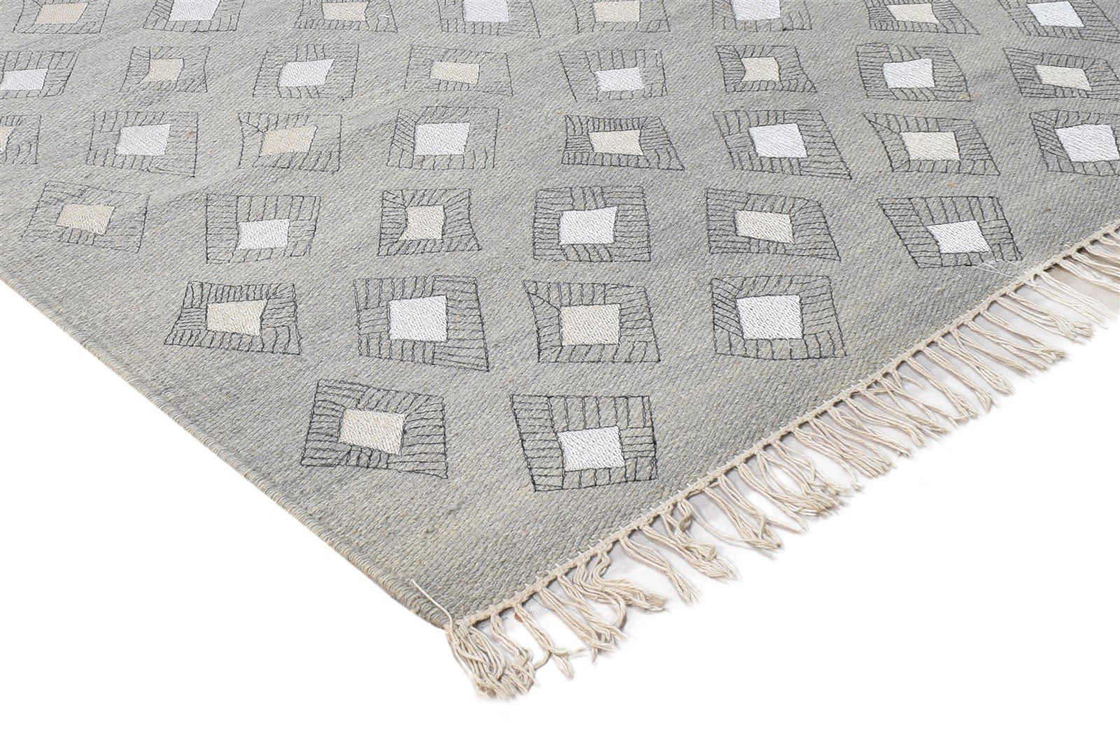 Dhurrie Grey Wool / Silk Rug 4X6 Modern Scandinavian Diamond Room Size Carpet 