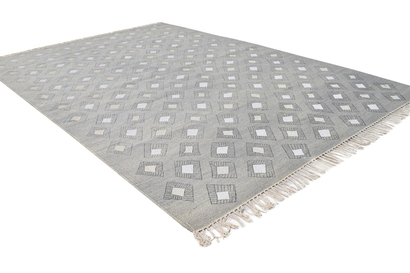 Dhurrie Grey Wool / Silk Rug 4X6 Modern Scandinavian Diamond Room Size Carpet 