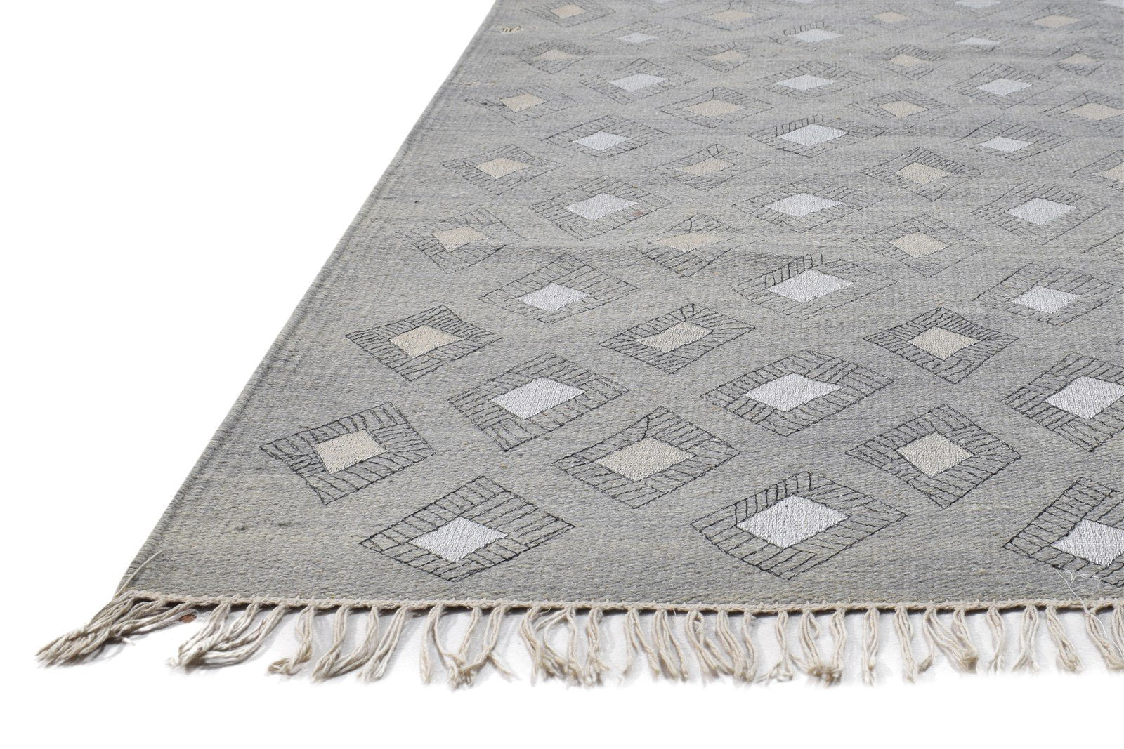 Dhurrie Grey Wool / Silk Rug 4X6 Modern Scandinavian Diamond Room Size Carpet 