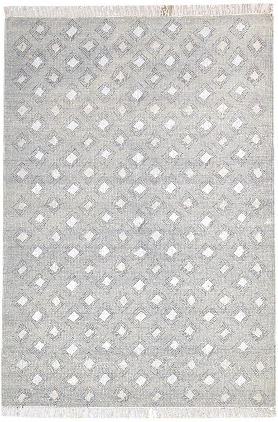 Dhurrie Grey Wool / Silk Rug 4X6 Modern Scandinavian Diamond Room Size Carpet 