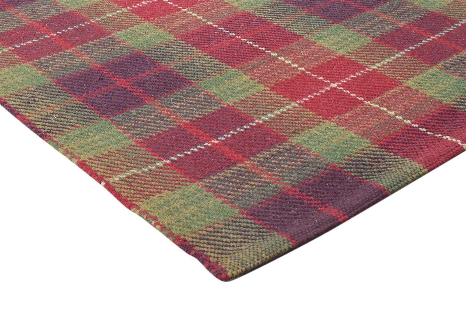 Wool Green Rug 2'6 X 8' Modern Dhurrie Scandinavian Plaids Small Runner 