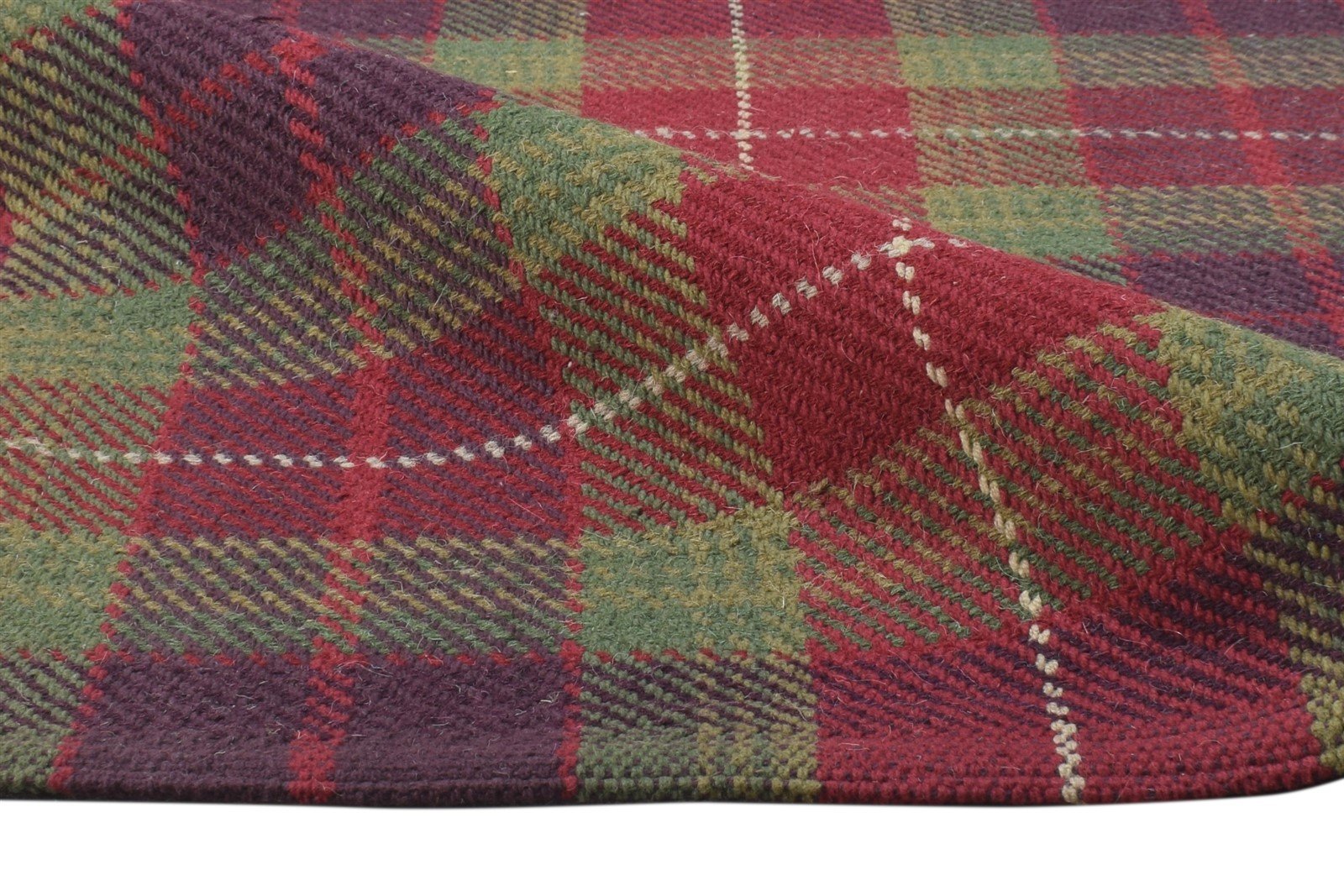 Wool Green Rug 2'6 X 8' Modern Dhurrie Scandinavian Plaids Small Runner 