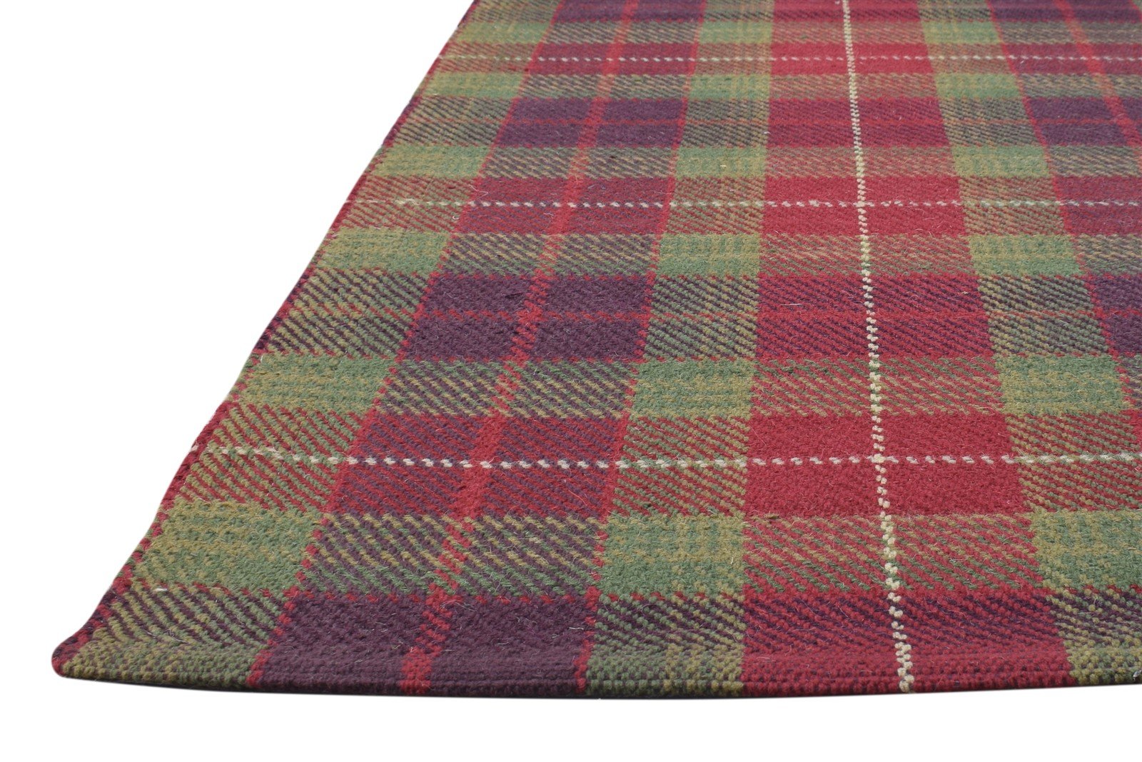 Wool Green Rug 2'6 X 8' Modern Dhurrie Scandinavian Plaids Small Runner 