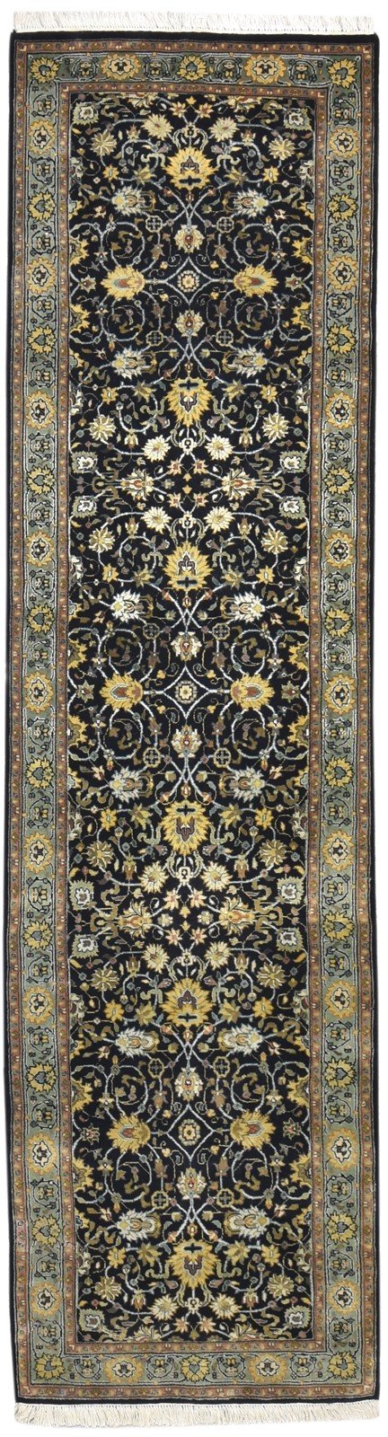 Hand Knotted Black Wool Rug 3' X 10' Persian Kashan Oriental Small Runner 