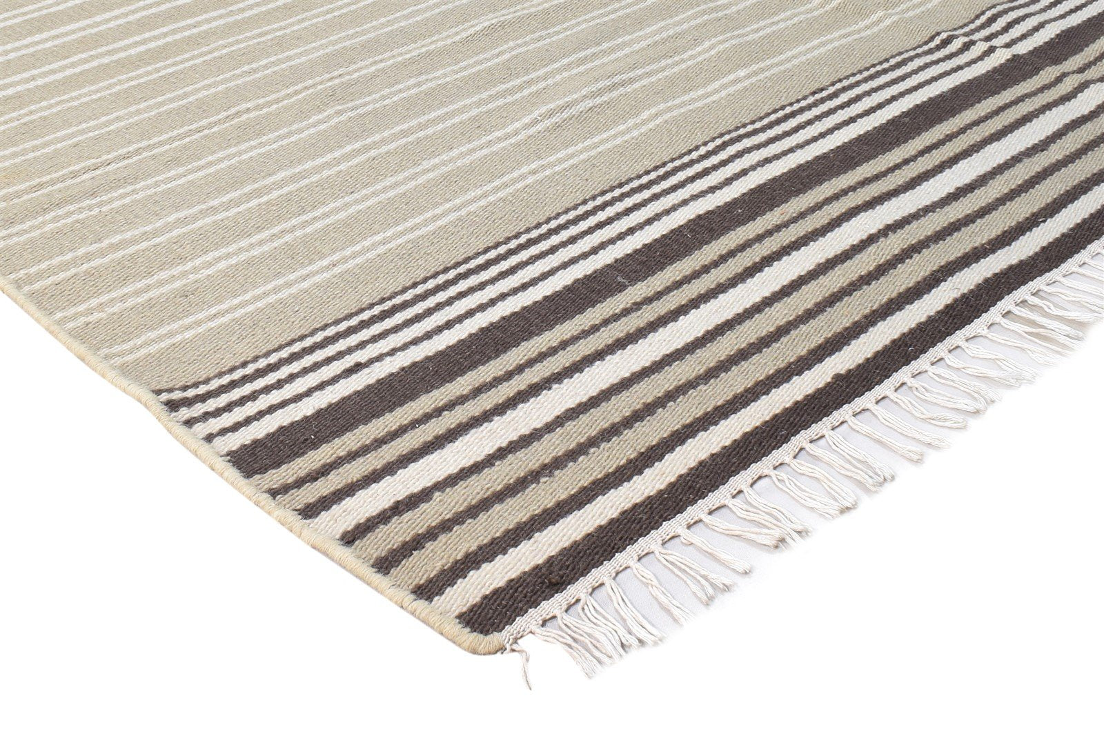 Wool Beige Rug 5' X 8' Modern Dhurrie Scandinavian Striped Room Size Carpet 