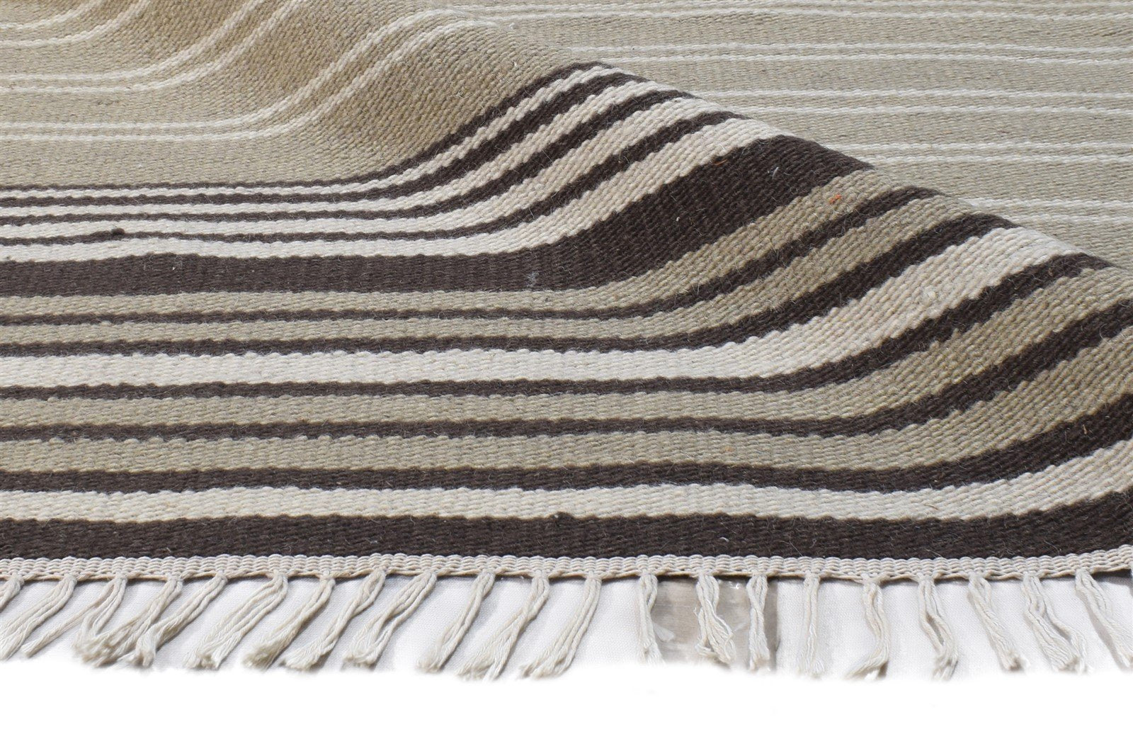 Wool Beige Rug 5' X 8' Modern Dhurrie Scandinavian Striped Room Size Carpet 